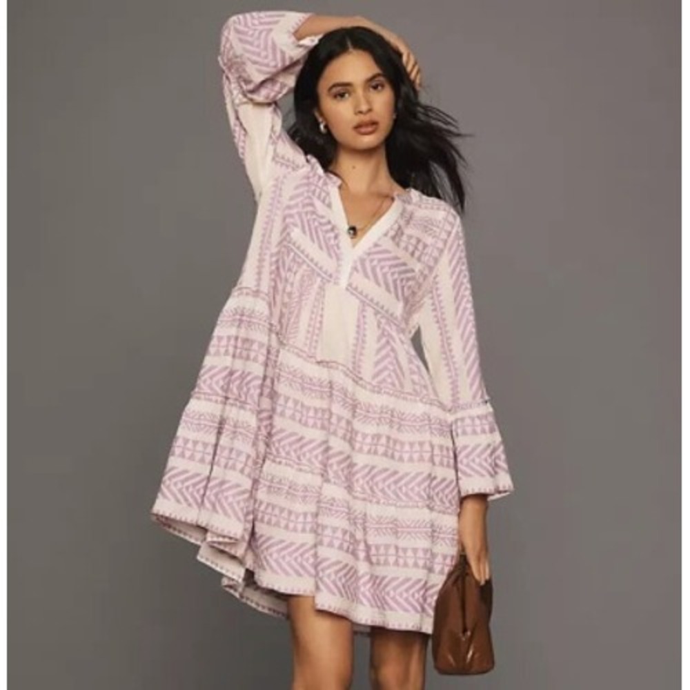 Devotion Twins Ella Dress Women M Lavender White Geometric Tiered Cotton Greece